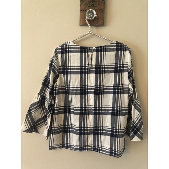 NWT JCrew Mercantile Size 6 Blue White Windowpane Plaid Blouse Bell Sleeve - Picture 4 of 6